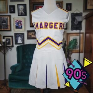 Vintage 90s Elite Chargers Cheerleader Uniform Purple Gold White Skirt Top 36 13